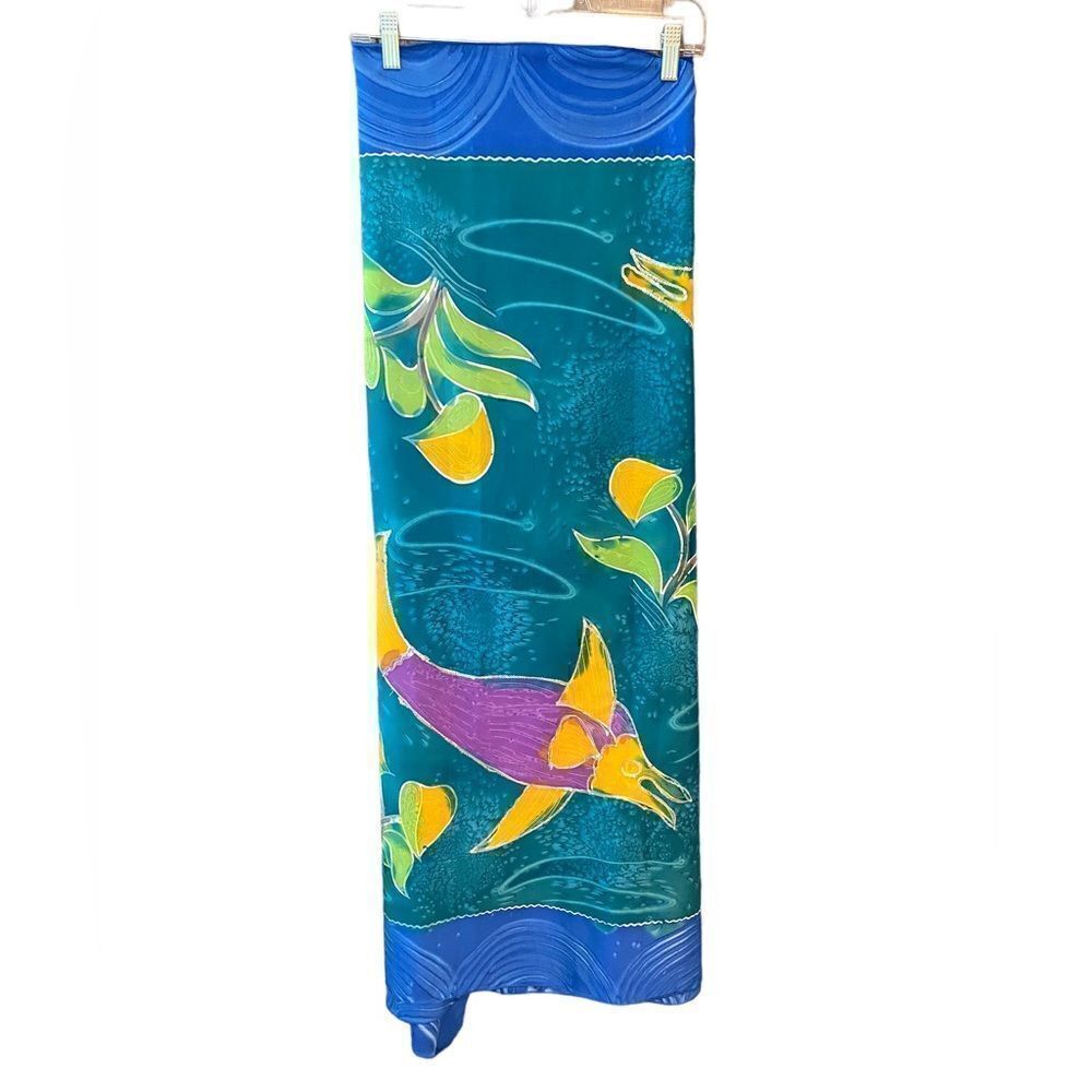 Banana Moon Bali Blue HandPainted Fish Sequin Accents Long 66” Tropical Scarf